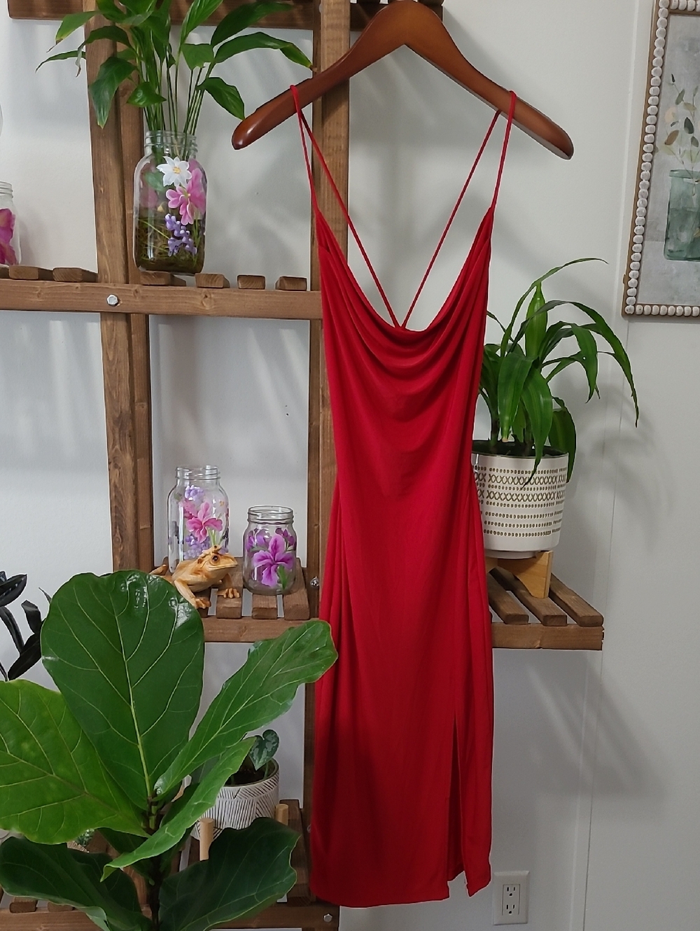 Windsor Vibrant Red Cowl Neck Spaghetti Strap Slip Dress